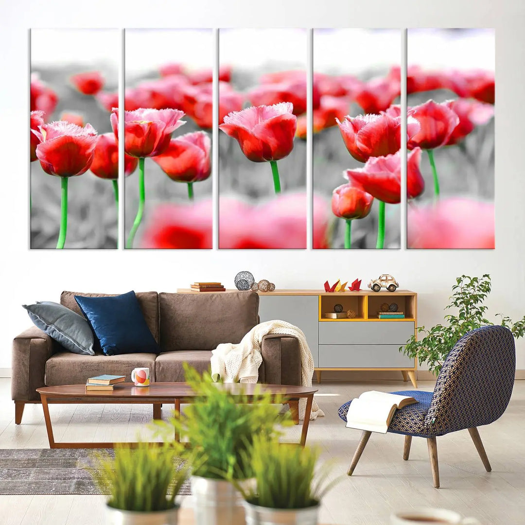 This museum-quality Red Tulip Flowers Canvas Wall Art Print, featuring three panels and vibrant hues, creates a stunning focal point. Enjoy free shipping on this exquisite piece.