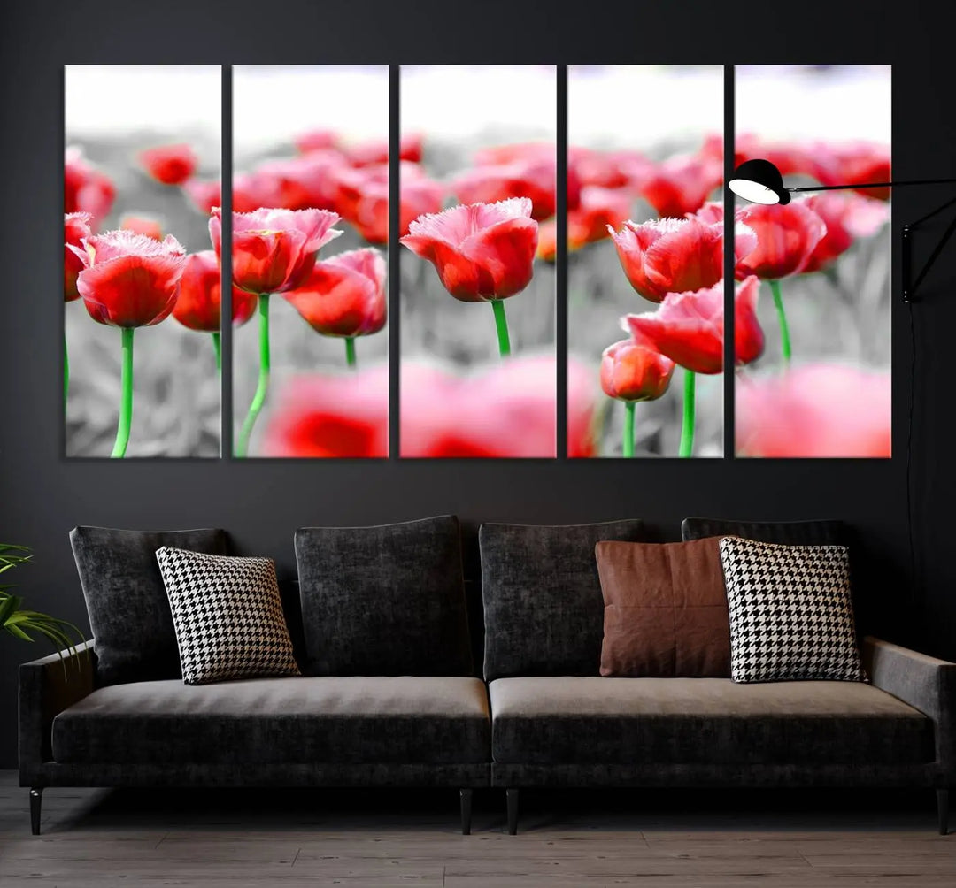 This museum-quality Red Tulip Flowers Canvas Wall Art Print, featuring three panels and vibrant hues, creates a stunning focal point. Enjoy free shipping on this exquisite piece.