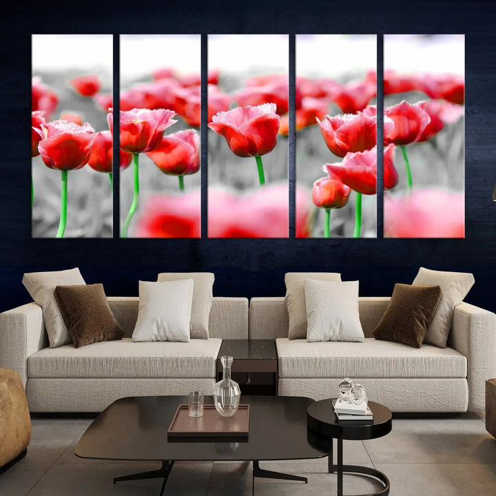 This museum-quality Red Tulip Flowers Canvas Wall Art Print, featuring three panels and vibrant hues, creates a stunning focal point. Enjoy free shipping on this exquisite piece.