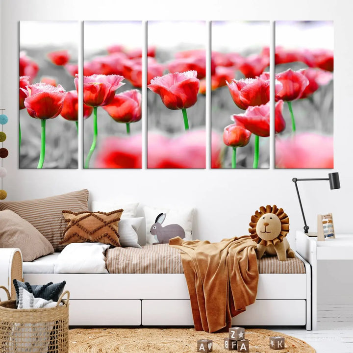 This museum-quality Red Tulip Flowers Canvas Wall Art Print, featuring three panels and vibrant hues, creates a stunning focal point. Enjoy free shipping on this exquisite piece.