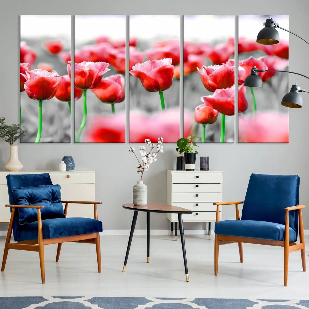 This museum-quality Red Tulip Flowers Canvas Wall Art Print, featuring three panels and vibrant hues, creates a stunning focal point. Enjoy free shipping on this exquisite piece.