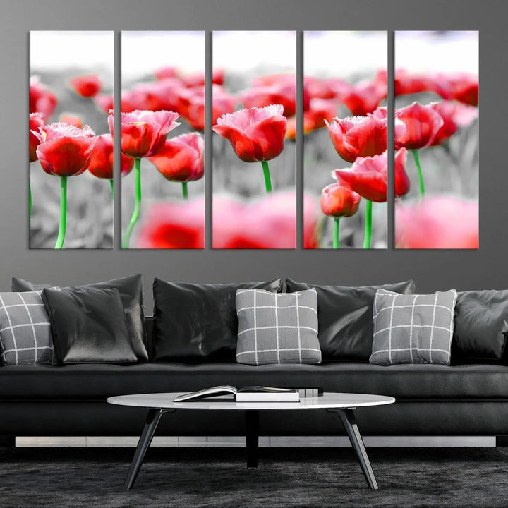 This museum-quality Red Tulip Flowers Canvas Wall Art Print, featuring three panels and vibrant hues, creates a stunning focal point. Enjoy free shipping on this exquisite piece.