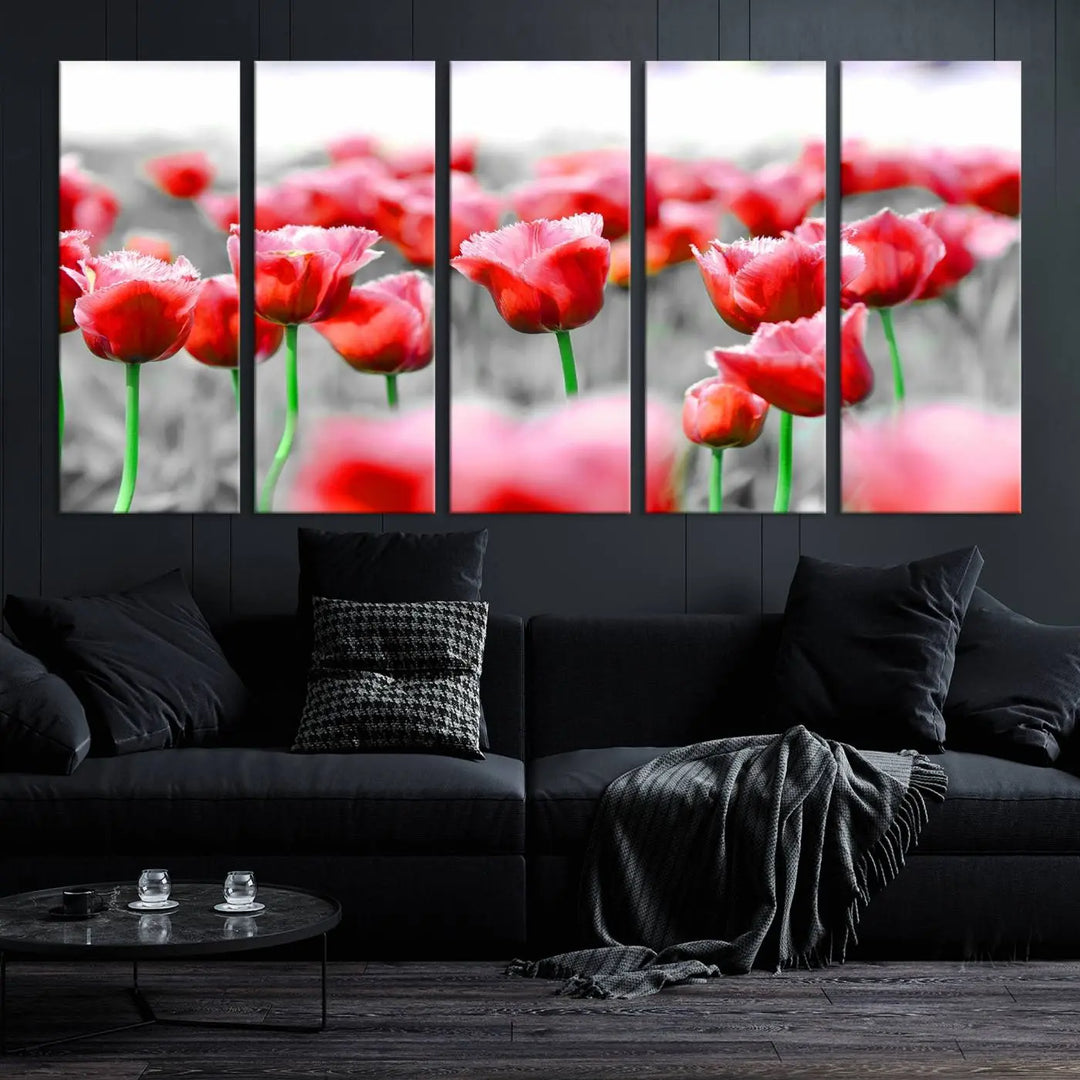 This museum-quality Red Tulip Flowers Canvas Wall Art Print, featuring three panels and vibrant hues, creates a stunning focal point. Enjoy free shipping on this exquisite piece.