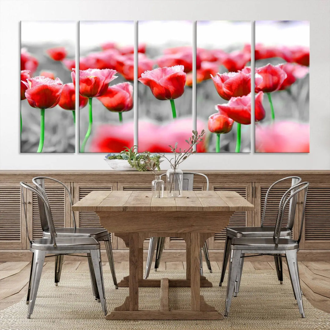 This museum-quality Red Tulip Flowers Canvas Wall Art Print, featuring three panels and vibrant hues, creates a stunning focal point. Enjoy free shipping on this exquisite piece.