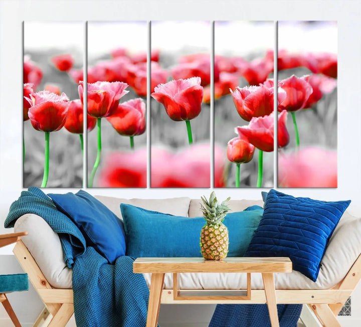 This museum-quality Red Tulip Flowers Canvas Wall Art Print, featuring three panels and vibrant hues, creates a stunning focal point. Enjoy free shipping on this exquisite piece.