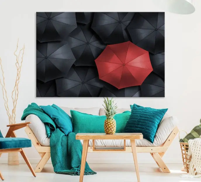 The Red Umbrella Wall Art Photography Canvas Print adds a striking element, standing out among the black umbrellas.