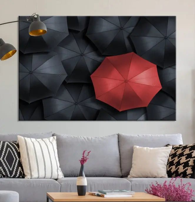 The Red Umbrella Wall Art Photography Canvas Print adds a striking element, standing out among the black umbrellas.