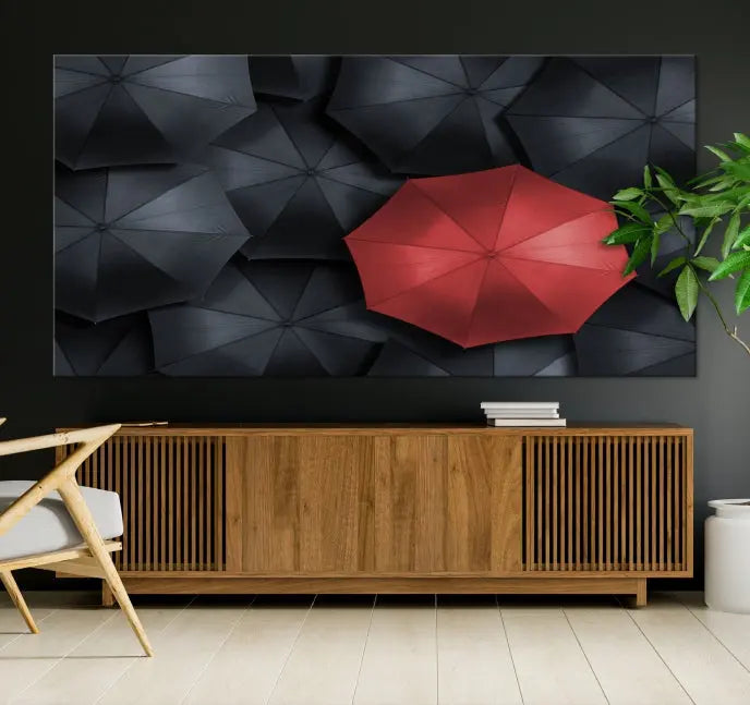 The Red Umbrella Wall Art Photography Canvas Print adds a striking element, standing out among the black umbrellas.