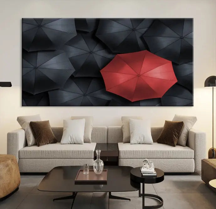 The Red Umbrella Wall Art Photography Canvas Print adds a striking element, standing out among the black umbrellas.