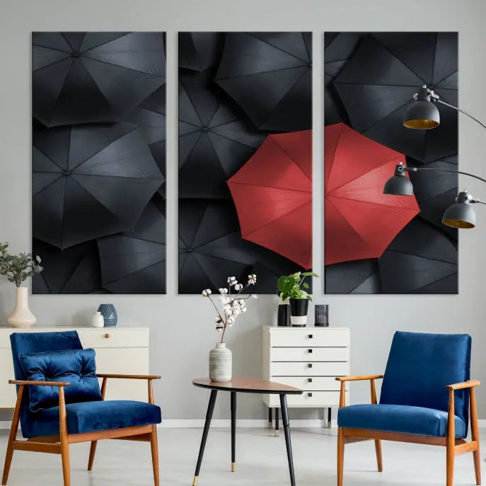 The Red Umbrella Wall Art Photography Canvas Print adds a striking element, standing out among the black umbrellas.