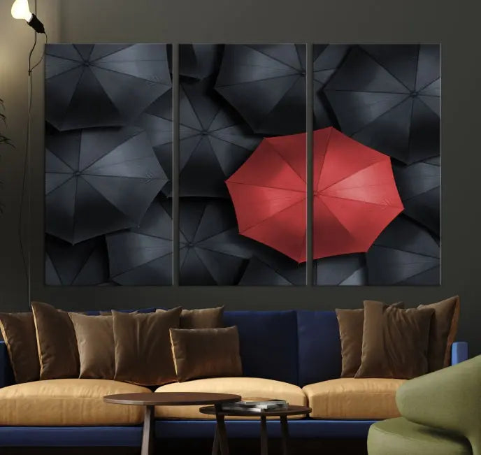 The Red Umbrella Wall Art Photography Canvas Print adds a striking element, standing out among the black umbrellas.