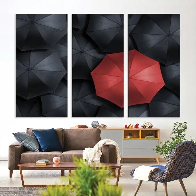 The Red Umbrella Wall Art Photography Canvas Print adds a striking element, standing out among the black umbrellas.