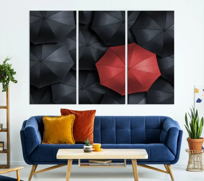 The Red Umbrella Wall Art Photography Canvas Print adds a striking element, standing out among the black umbrellas.