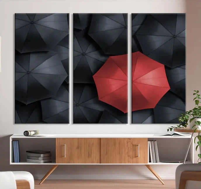 The Red Umbrella Wall Art Photography Canvas Print adds a striking element, standing out among the black umbrellas.