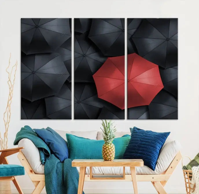 The Red Umbrella Wall Art Photography Canvas Print adds a striking element, standing out among the black umbrellas.