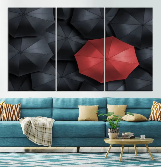 The Red Umbrella Wall Art Photography Canvas Print adds a striking element, standing out among the black umbrellas.