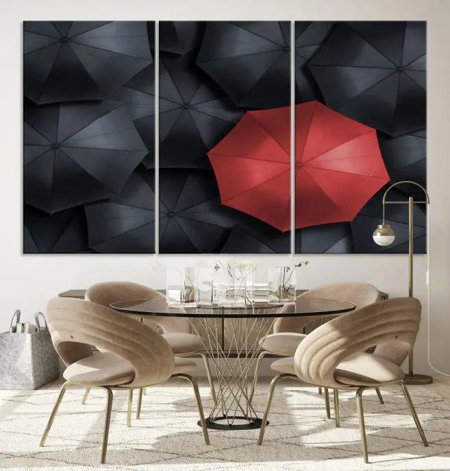 The Red Umbrella Wall Art Photography Canvas Print adds a striking element, standing out among the black umbrellas.