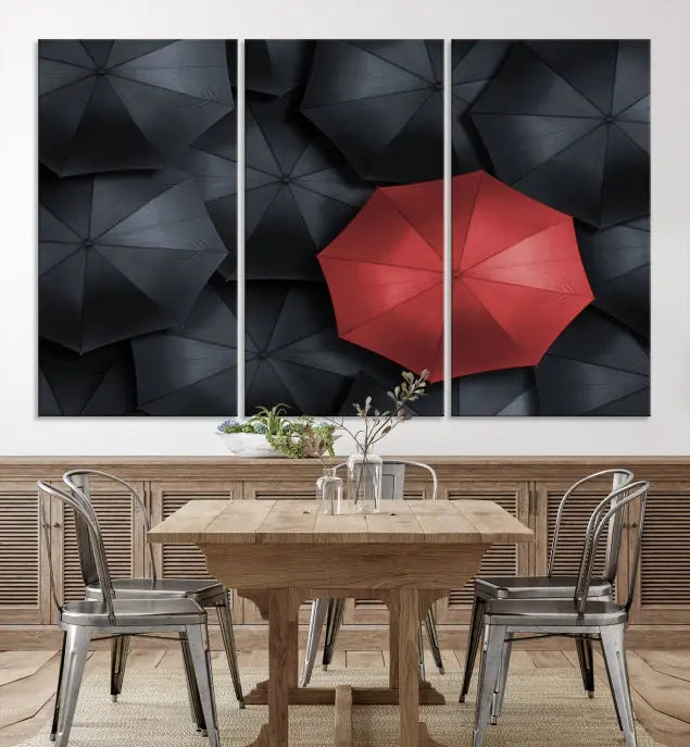 The Red Umbrella Wall Art Photography Canvas Print adds a striking element, standing out among the black umbrellas.