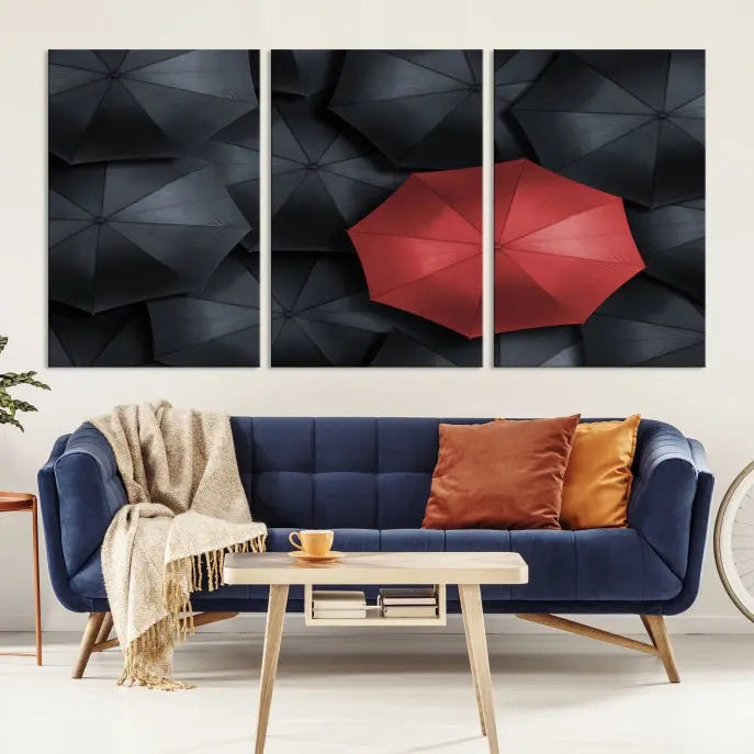 The Red Umbrella Wall Art Photography Canvas Print adds a striking element, standing out among the black umbrellas.