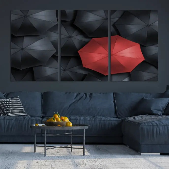 The Red Umbrella Wall Art Photography Canvas Print adds a striking element, standing out among the black umbrellas.