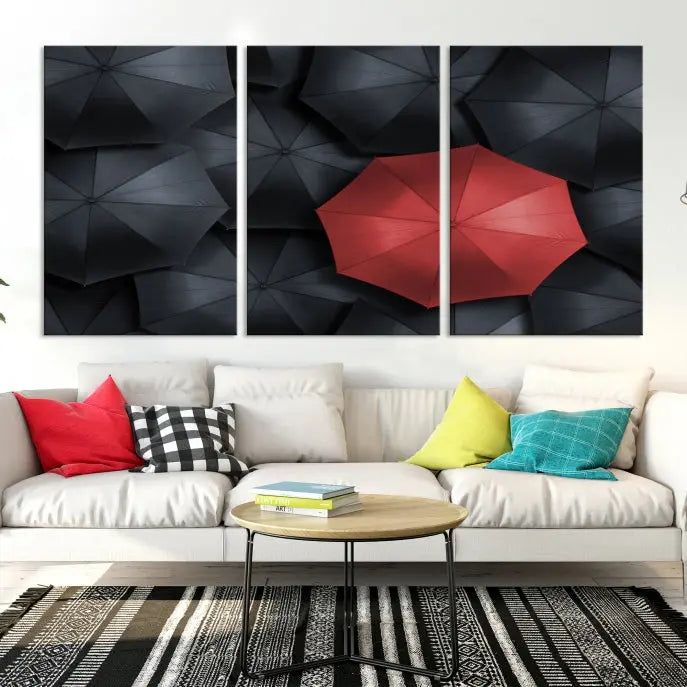 The Red Umbrella Wall Art Photography Canvas Print adds a striking element, standing out among the black umbrellas.