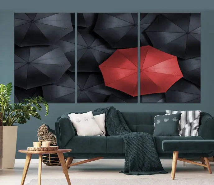 The Red Umbrella Wall Art Photography Canvas Print adds a striking element, standing out among the black umbrellas.