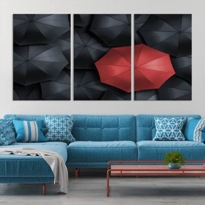 The Red Umbrella Wall Art Photography Canvas Print adds a striking element, standing out among the black umbrellas.