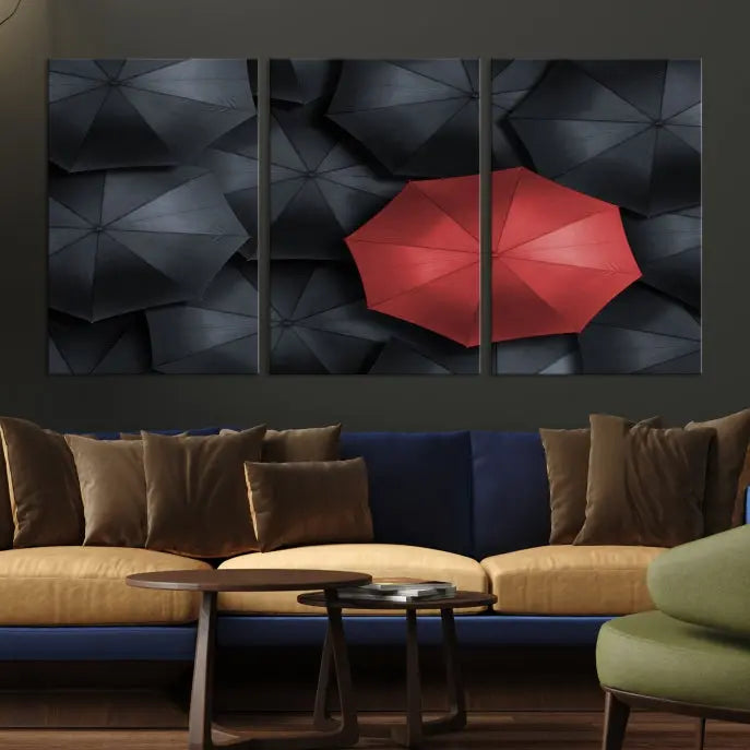 The Red Umbrella Wall Art Photography Canvas Print adds a striking element, standing out among the black umbrellas.