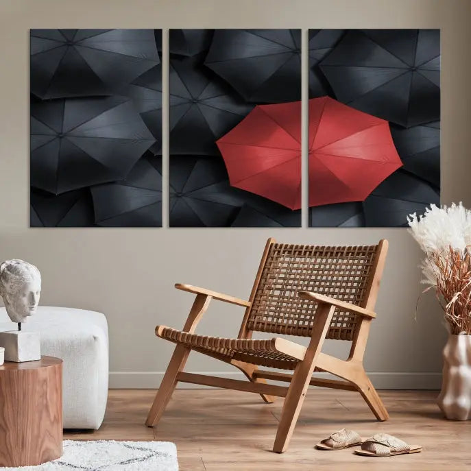 The Red Umbrella Wall Art Photography Canvas Print adds a striking element, standing out among the black umbrellas.