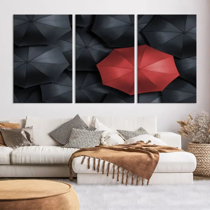 The Red Umbrella Wall Art Photography Canvas Print adds a striking element, standing out among the black umbrellas.