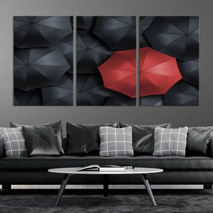 The Red Umbrella Wall Art Photography Canvas Print adds a striking element, standing out among the black umbrellas.