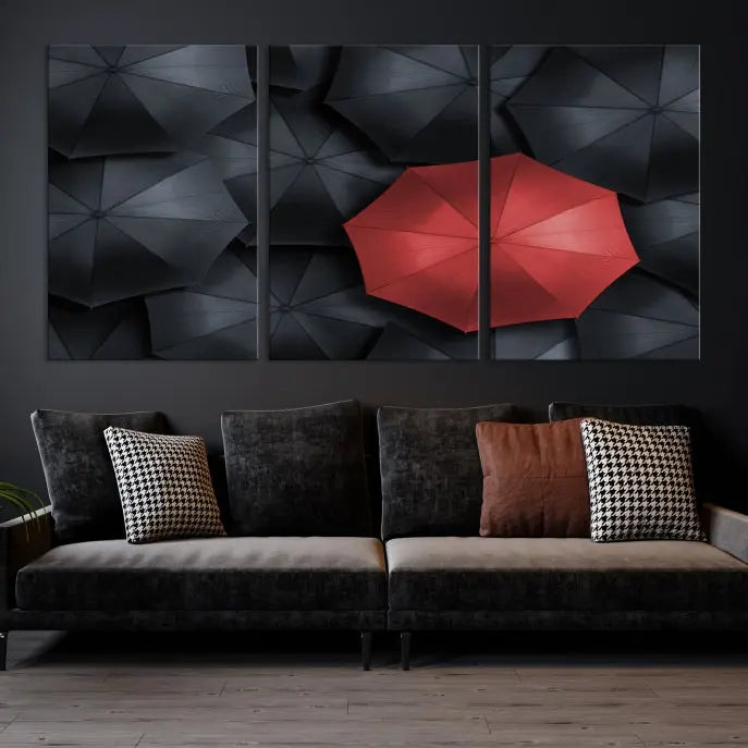 The Red Umbrella Wall Art Photography Canvas Print adds a striking element, standing out among the black umbrellas.