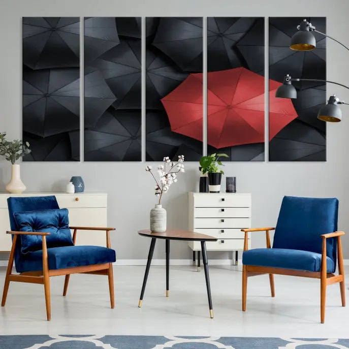 The Red Umbrella Wall Art Photography Canvas Print adds a striking element, standing out among the black umbrellas.