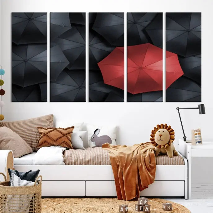 The Red Umbrella Wall Art Photography Canvas Print adds a striking element, standing out among the black umbrellas.