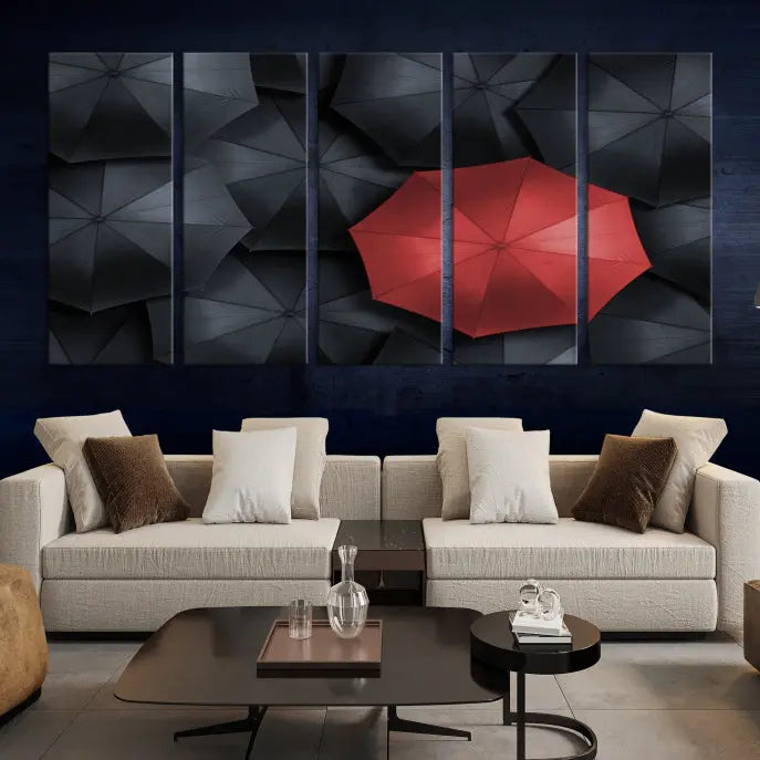 The Red Umbrella Wall Art Photography Canvas Print adds a striking element, standing out among the black umbrellas.