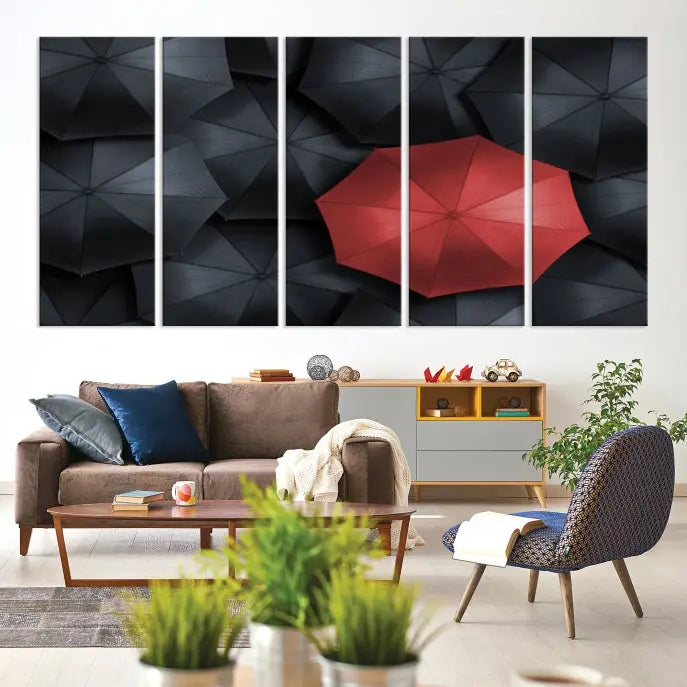 The Red Umbrella Wall Art Photography Canvas Print adds a striking element, standing out among the black umbrellas.