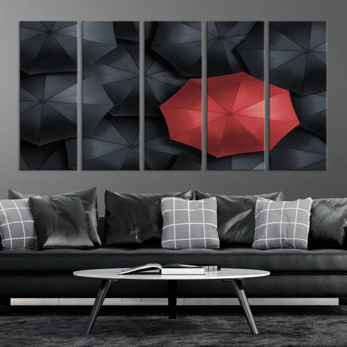 The Red Umbrella Wall Art Photography Canvas Print adds a striking element, standing out among the black umbrellas.