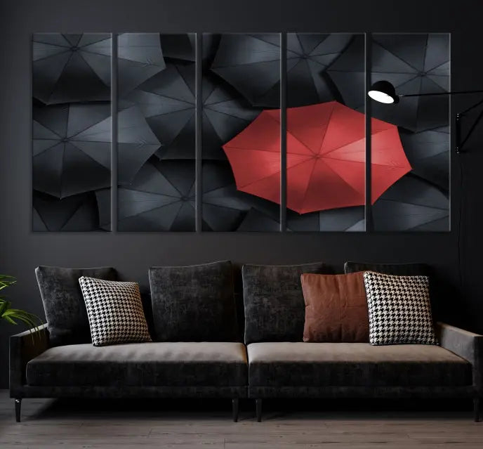 The Red Umbrella Wall Art Photography Canvas Print adds a striking element, standing out among the black umbrellas.