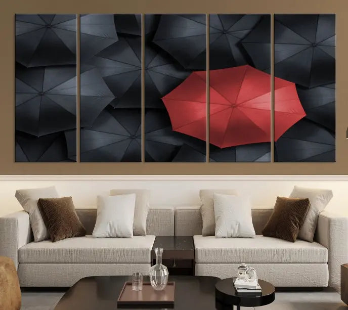 The Red Umbrella Wall Art Photography Canvas Print adds a striking element, standing out among the black umbrellas.