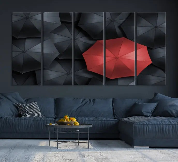 The Red Umbrella Wall Art Photography Canvas Print adds a striking element, standing out among the black umbrellas.