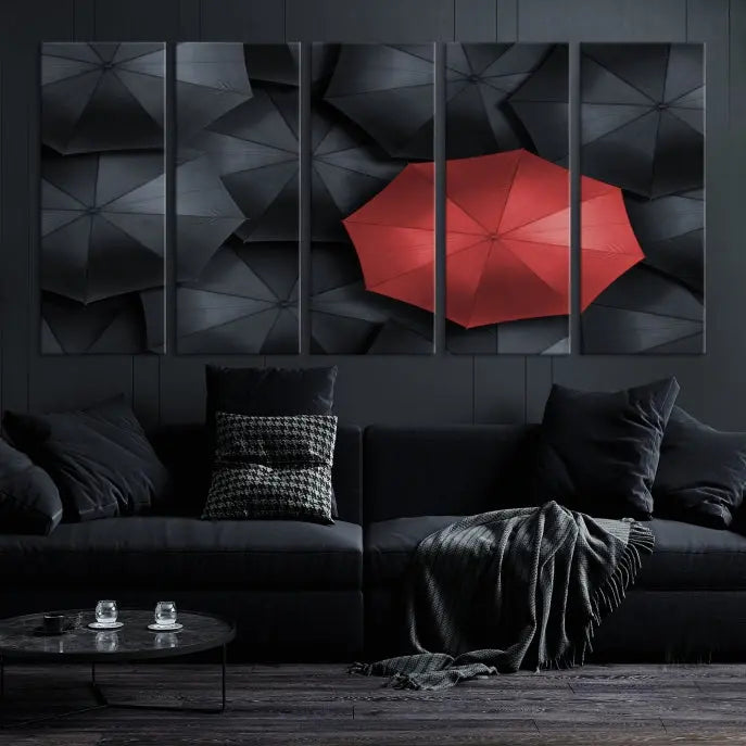 The Red Umbrella Wall Art Photography Canvas Print adds a striking element, standing out among the black umbrellas.