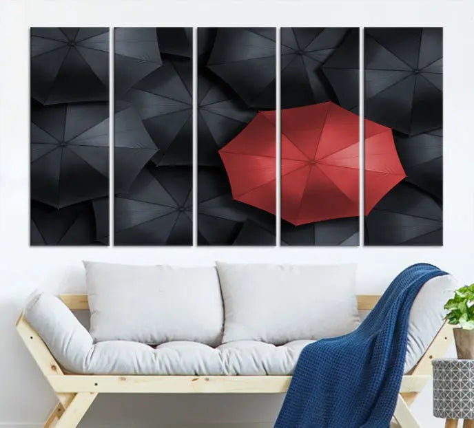 The Red Umbrella Wall Art Photography Canvas Print adds a striking element, standing out among the black umbrellas.