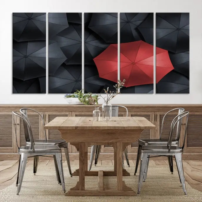 The Red Umbrella Wall Art Photography Canvas Print adds a striking element, standing out among the black umbrellas.