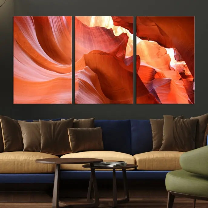 A triptych of Red Wave Shape Rock Form Antilop Canvas Wall Art, printed on museum-quality canvas, adorns the wall.