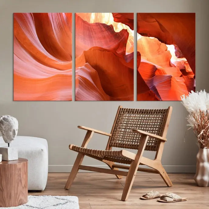 A triptych of Red Wave Shape Rock Form Antilop Canvas Wall Art, printed on museum-quality canvas, adorns the wall.