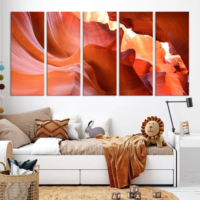 A triptych of Red Wave Shape Rock Form Antilop Canvas Wall Art, printed on museum-quality canvas, adorns the wall.