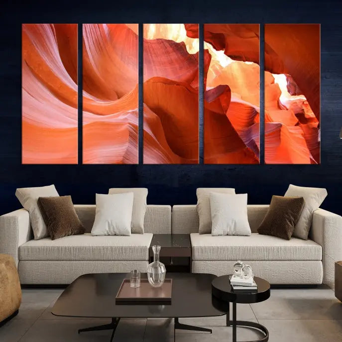 A triptych of Red Wave Shape Rock Form Antilop Canvas Wall Art, printed on museum-quality canvas, adorns the wall.