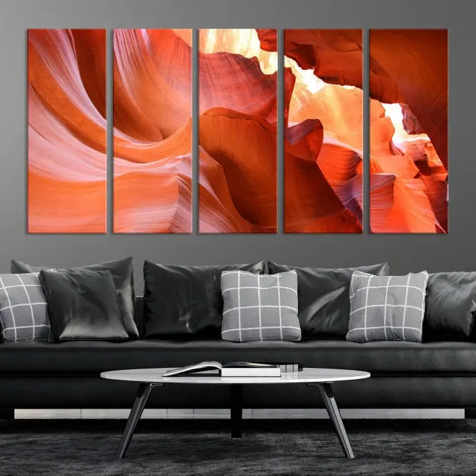 A triptych of Red Wave Shape Rock Form Antilop Canvas Wall Art, printed on museum-quality canvas, adorns the wall.