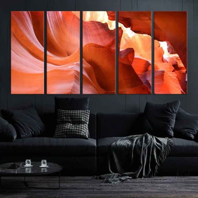 A triptych of Red Wave Shape Rock Form Antilop Canvas Wall Art, printed on museum-quality canvas, adorns the wall.