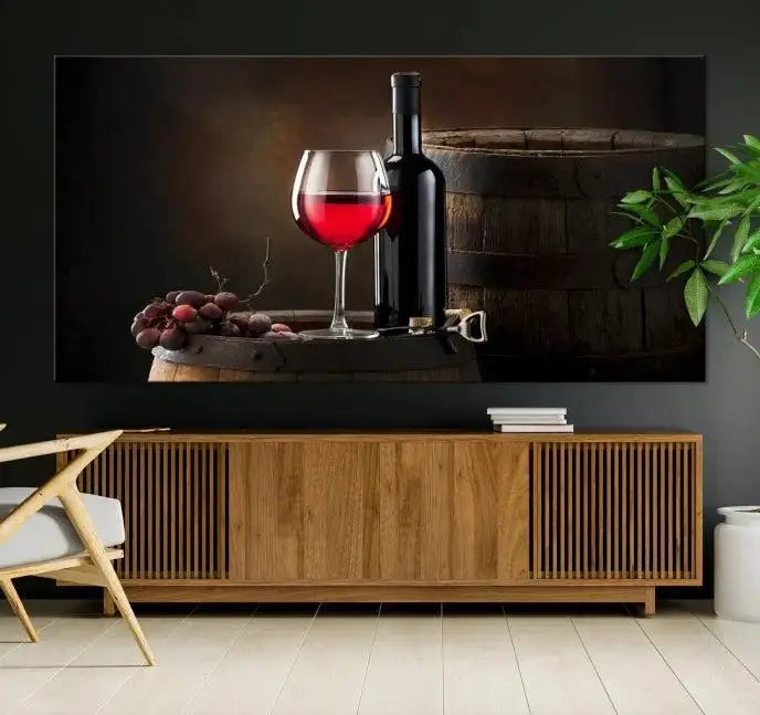 The wall art triptych on museum-quality canvas features the Red Wine and Bottle Canvas Print, showcasing wine, a glass, grapes, and barrels. The gallery-wrapped pieces ensure elegance while the UV-protective coating preserves their vibrant charm.